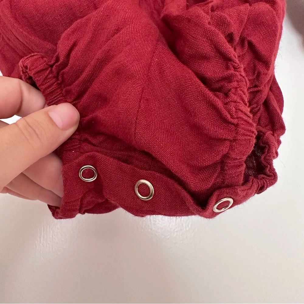 Ruffled Burgundy Linen Baby Romper‎